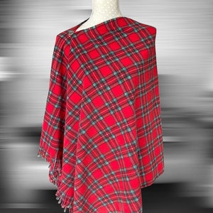 Poncho de tartán rojo, cuadros escoceses Royal Stewart, forro polar cálido