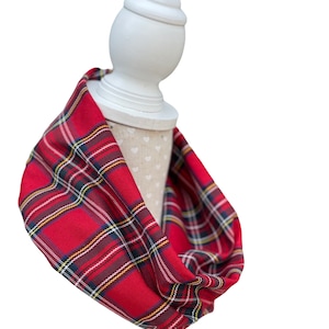 Red tartan snood, child or adult cowl scarf, red plaid single loop, Royal Stewart Tartan, unisex gift