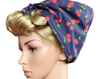 Rosie the Riveter hair scarf, retro hair turban, navy spotted head scarf, land girls