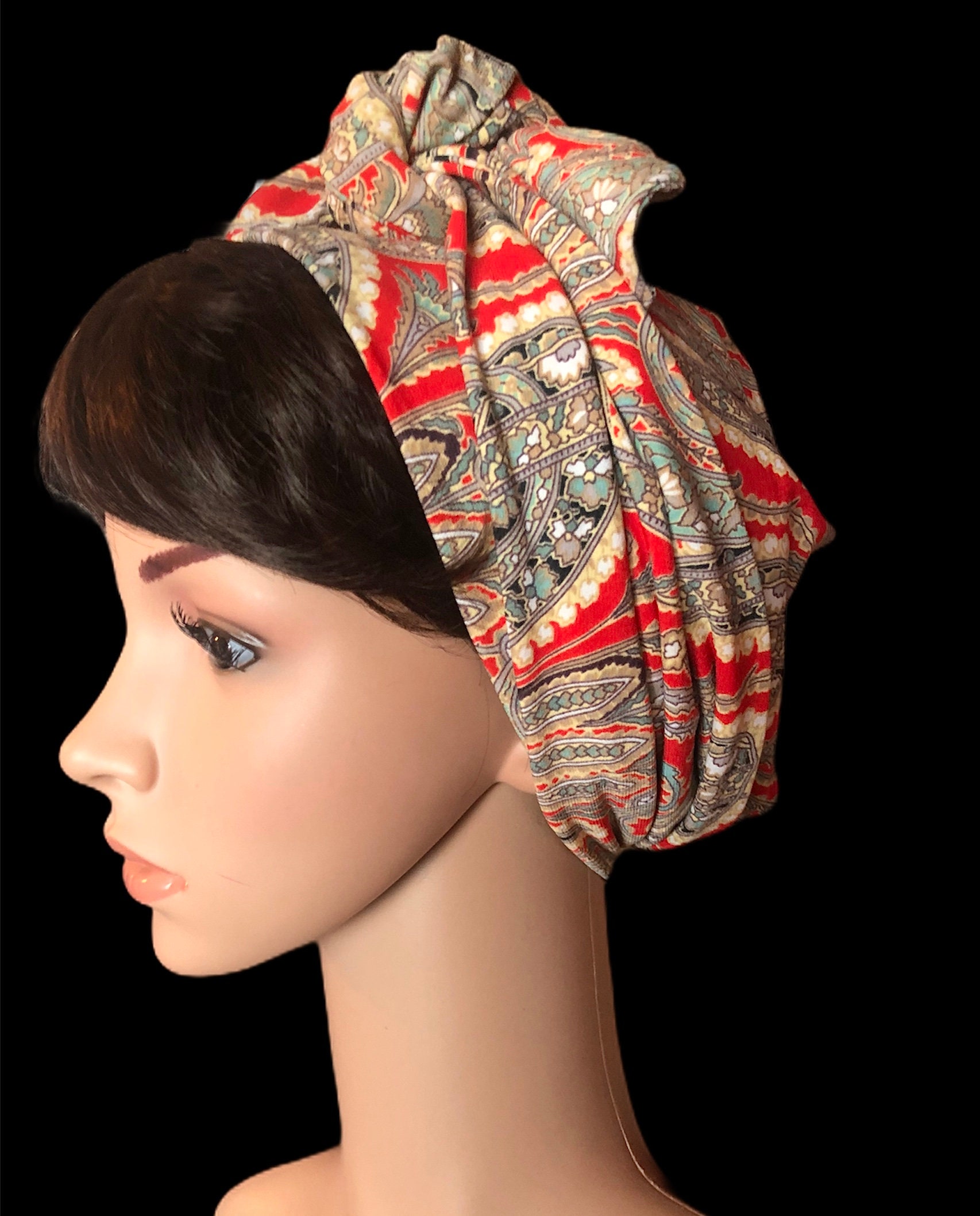 Paisley Hair Scarf Red Stretch Head Scarf Turban Hair Wrap Etsy UK