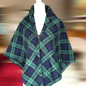 Black Watch tartan poncho, blue green plaid cape, soft fleece, traditional Scottish wrap