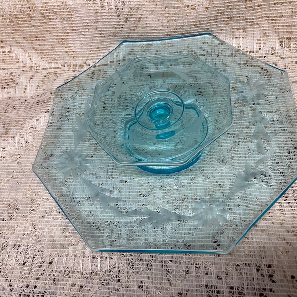 Two Piece Aqua Color Etched Glass Tidbit Dish