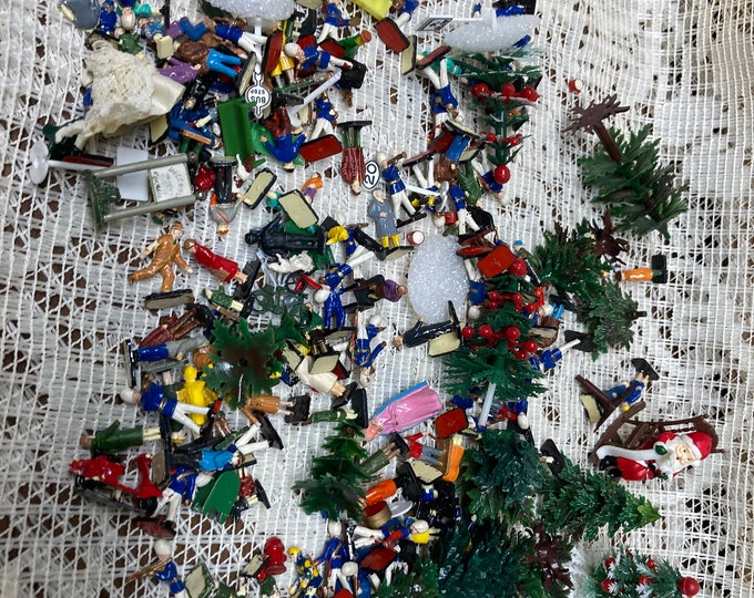 A Box of Assorted Mini Figures, Trees, Signs Etc. for a Village Display ...
