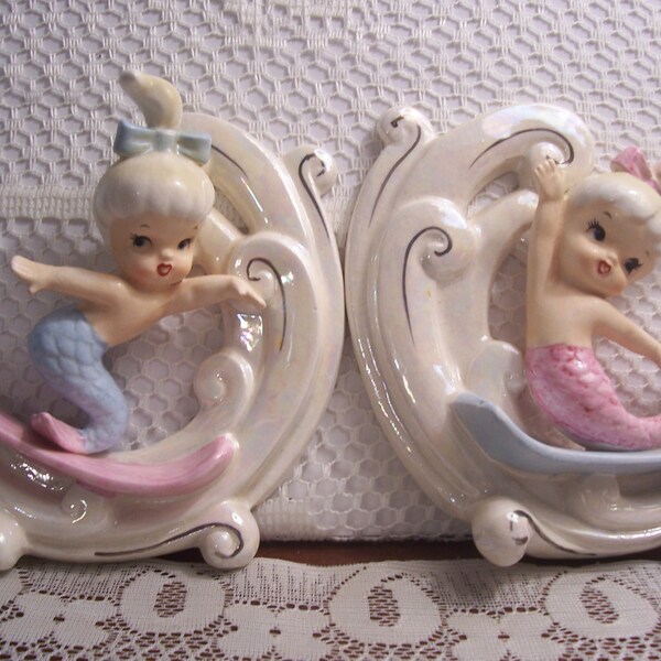 Rare HTF Norcrest Surfing Mermaid Plaques