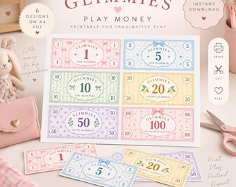 May include: A printable sheet of Glimmies play money featuring six denominations from 1 to 100 in pastel colors. The design includes text such as Glimmies, play money, and printable for imaginative play, with individual bills displayed below the sheet.
