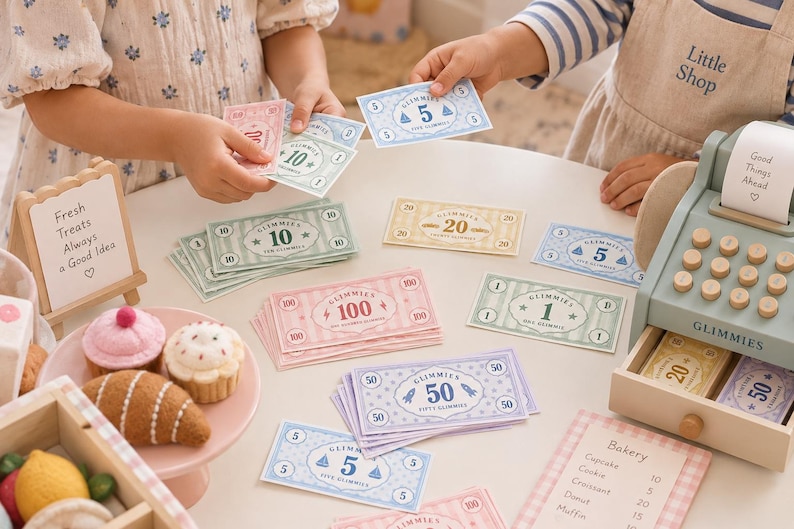May include: A toy cash register with a paper receipt reading Good Things Ahead, stacks of colorful Glimmies play money in denominations of 1, 5, 10, 20, 50, and 100, a small wooden sign reading Fresh Treats Always a Good Idea, and a bakery menu.