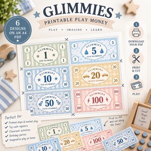 May include: A printable A4 PDF sheet featuring six distinct designs of Glimmies play money in denominations of 1, 5, 10, 20, 50, and 100. Each bill displays a unique color, numerical value, and graphic icon, with dotted cut lines for easy assembly.