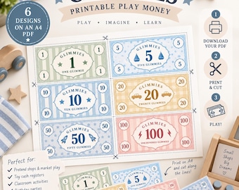 Dinero de juguete Glimmies, billetes de imitación de inspiración vintage (descarga en PDF tamaño A4)