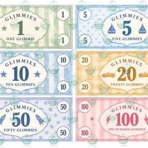 May include: A set of six rectangular play money bills labeled Glimmies in denominations of 1, 5, 10, 20, 50, and 100. Each bill features a unique color scheme, including green stripes, blue polka dots, blue stripes, yellow gingham, blue stars, and pink stripes.