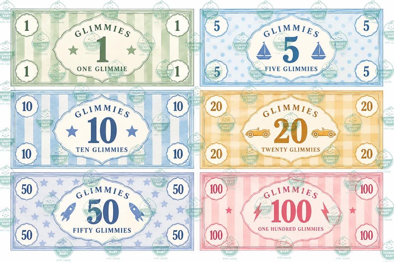May include: A set of six rectangular play money bills labeled Glimmies in denominations of 1, 5, 10, 20, 50, and 100. Each bill features a unique color scheme, including green stripes, blue polka dots, blue stripes, yellow gingham, blue stars, and pink stripes.
