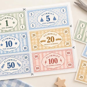 May include: A sheet of printable play money labeled Glimmies in denominations of 1, 5, 10, 20, 50, and 100. The rectangular bills feature pastel colors, striped or dotted patterns, and icons like sailboats, cars, and rockets. Individual cut-out bills are shown nearby.
