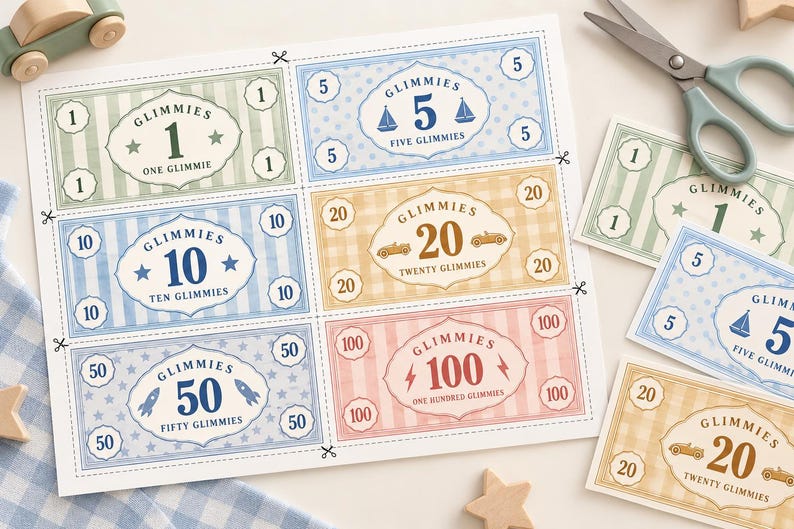 May include: A sheet of printable play money labeled Glimmies in denominations of 1, 5, 10, 20, 50, and 100. The rectangular bills feature pastel colors, striped or dotted patterns, and icons like sailboats, cars, and rockets. Individual cut-out bills are shown nearby.