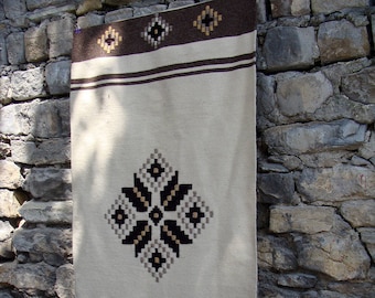 Handmade white kilim rug with brown motifs - this white accent high quality rug is handwoven from pure, natural wool