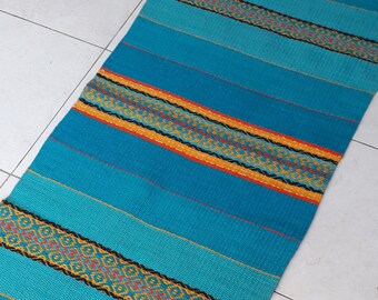 Blue striped rug with yellow, orange and red motifs, blue turquoise rug runner, teal home decor handmade rug, striped blue rug