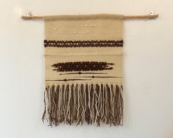 Brown and white handwoven wall hanging, monogramme wall hanging, organic handwoven wall art, wall hanging made of natural organic wool