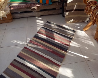 Handwoven Striped Wool Rug Runner: Scandinavian Style, Natural Brown