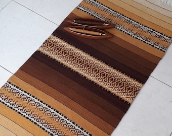 Hand woven wool kilim rug in brown caramel palette motifs, for your home decor unique handmade area rug, striped brown rug