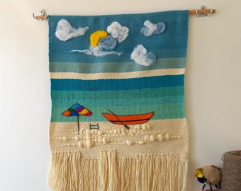 Woven wool tapestry "The boat" ~ wall hanging ~ handmade wall hanging ~ unique boho wall tapestry art ~ unique fiber art