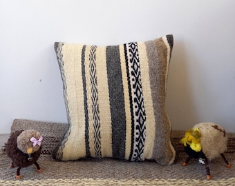 Handwoven natural colors kilim throw pillow cover ~ brown-cream-white boho cushion ~  decorative cushion