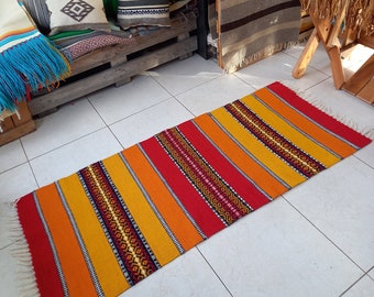 Striped red, yellow and orange handwoven wool rug runner, unique striped housewarming natural rug for your home decor