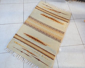 White hand woven wool rug with brown, yellow caramel palette motifs, home decor rug, unique handmade rug