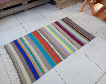 Striped  Colorful Rug Runner ~ Natural Wool Rug ~ Handmade Area Rug ~ Cottage Decor Rug - Colorful Handwoven Wool Rug