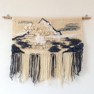 Handwoven wall hanging K2 The Savage Mountain, wall tapestry with fringes made of wool and wool roving in grey and white colors image 1