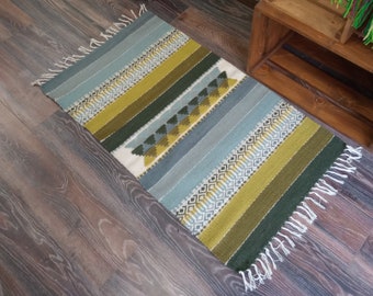 Hand woven wool kilim rug in grey and green tabac colors for your home decor, unique handmade area rug, striped grey and green rug