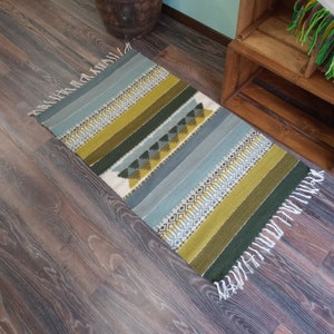 Hand woven wool kilim rug in grey and green tabac colors for your home decor, unique handmade area rug, striped grey and green rug image 1