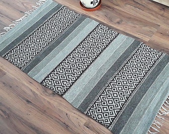 Woven wool rug in natural colors - brown, grey and white, stylish geometric rug, scandinavian style rug, striped rug runner, grey rug