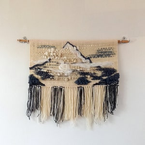 Handwoven wall hanging K2 The Savage Mountain, wall tapestry with fringes made of wool and wool roving in grey and white colors image 7