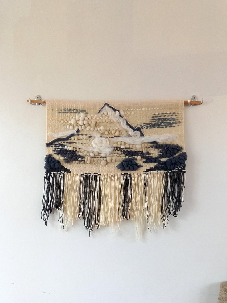 Handwoven wall hanging K2 The Savage Mountain, wall tapestry with fringes made of wool and wool roving in grey and white colors image 7