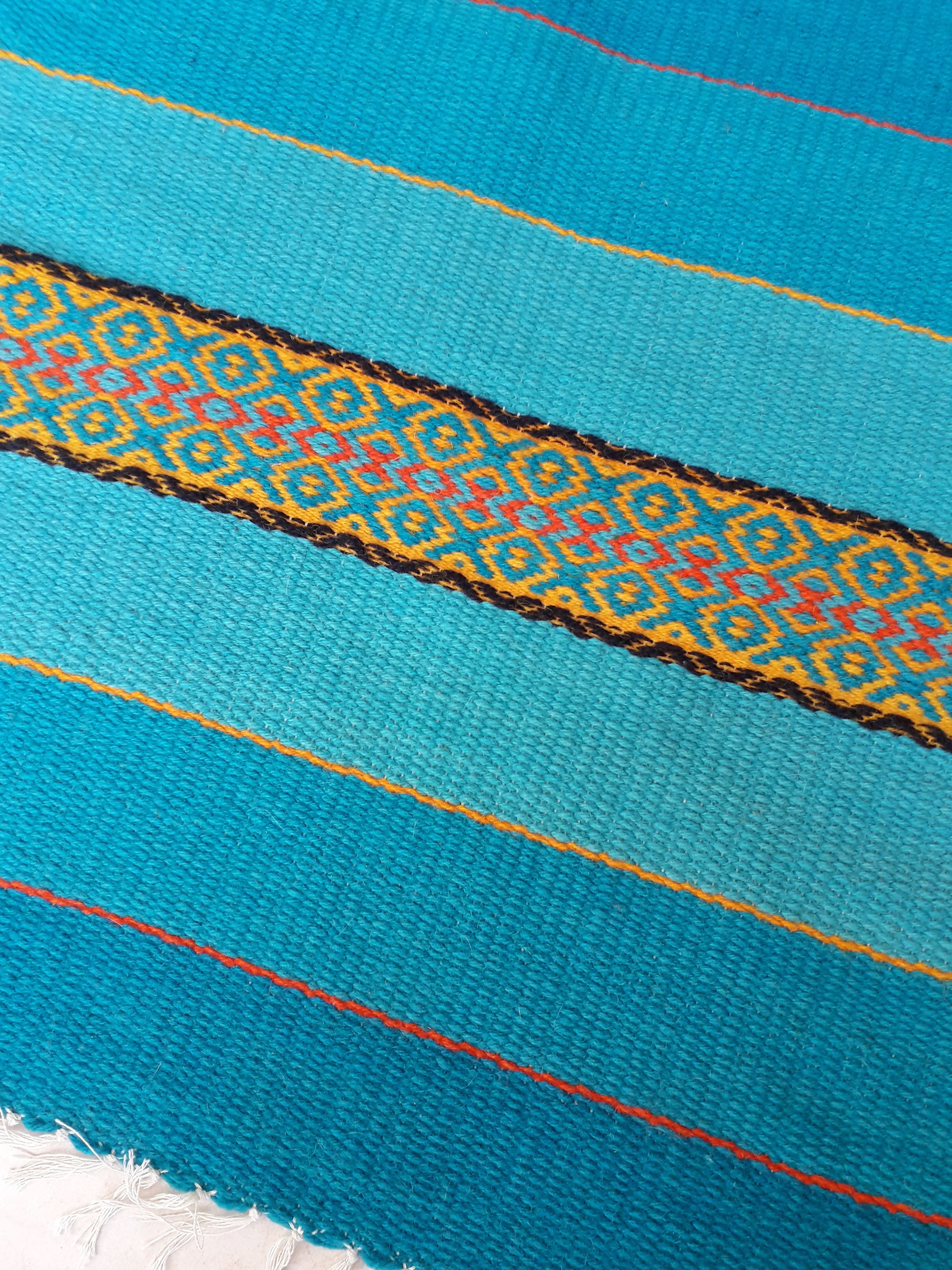 Blue striped rug with yellow orange and red motifs blue Etsy