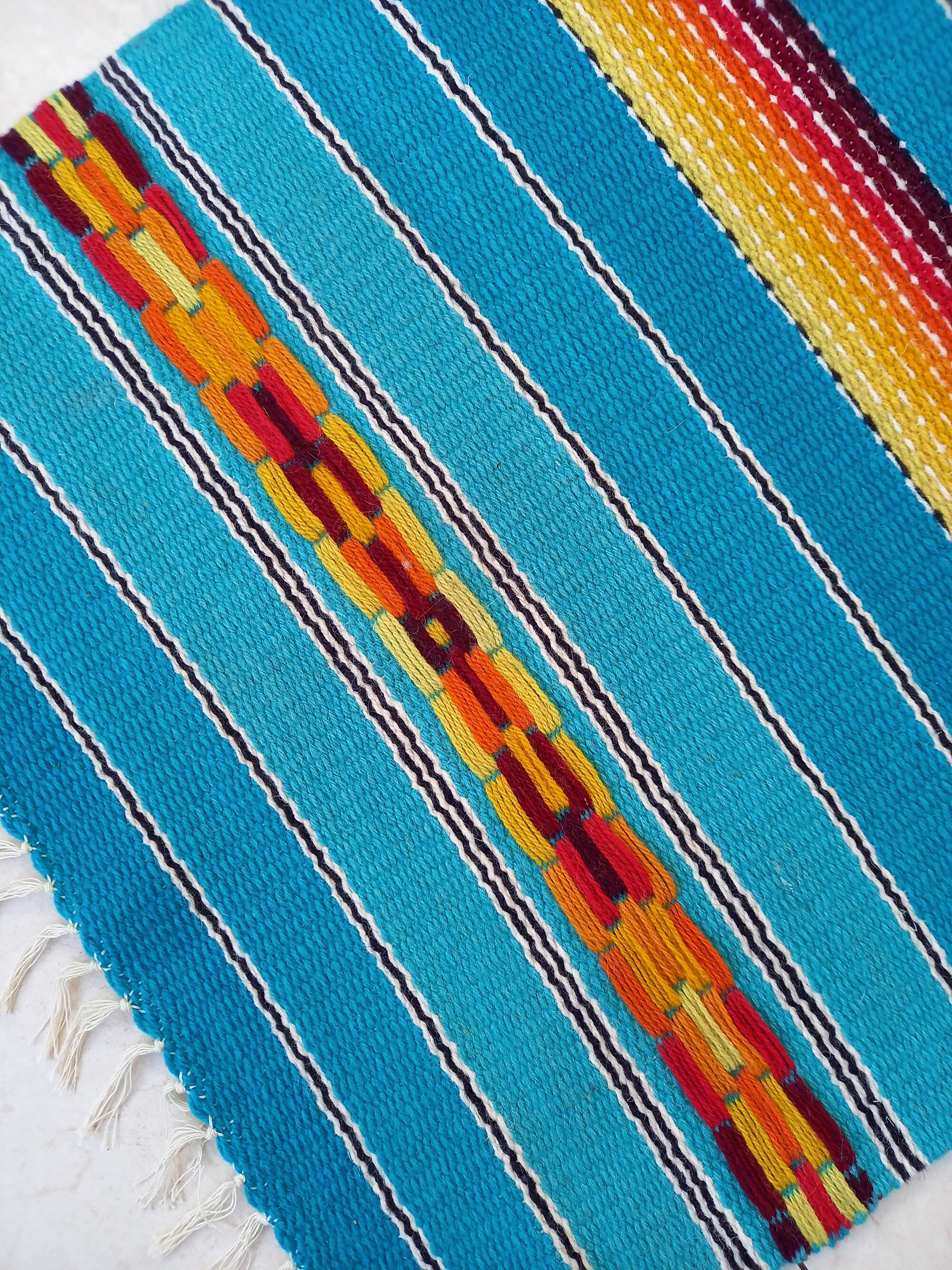 Blue striped rug with yellow orange and red motifs blue Etsy