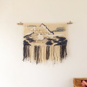 Handwoven wall hanging K2 The Savage Mountain, wall tapestry with fringes made of wool and wool roving in grey and white colors image 9