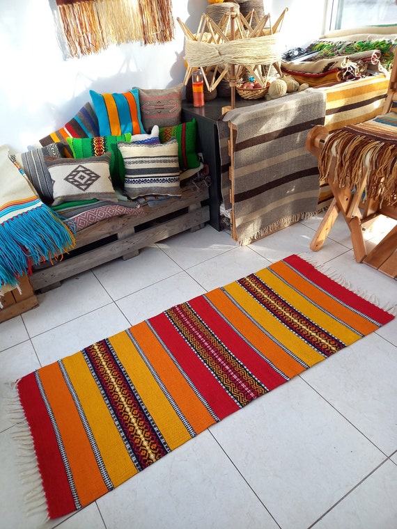 Handwoven Striped Wool Rug Runner: Red, Yellow, Orange Home Decor