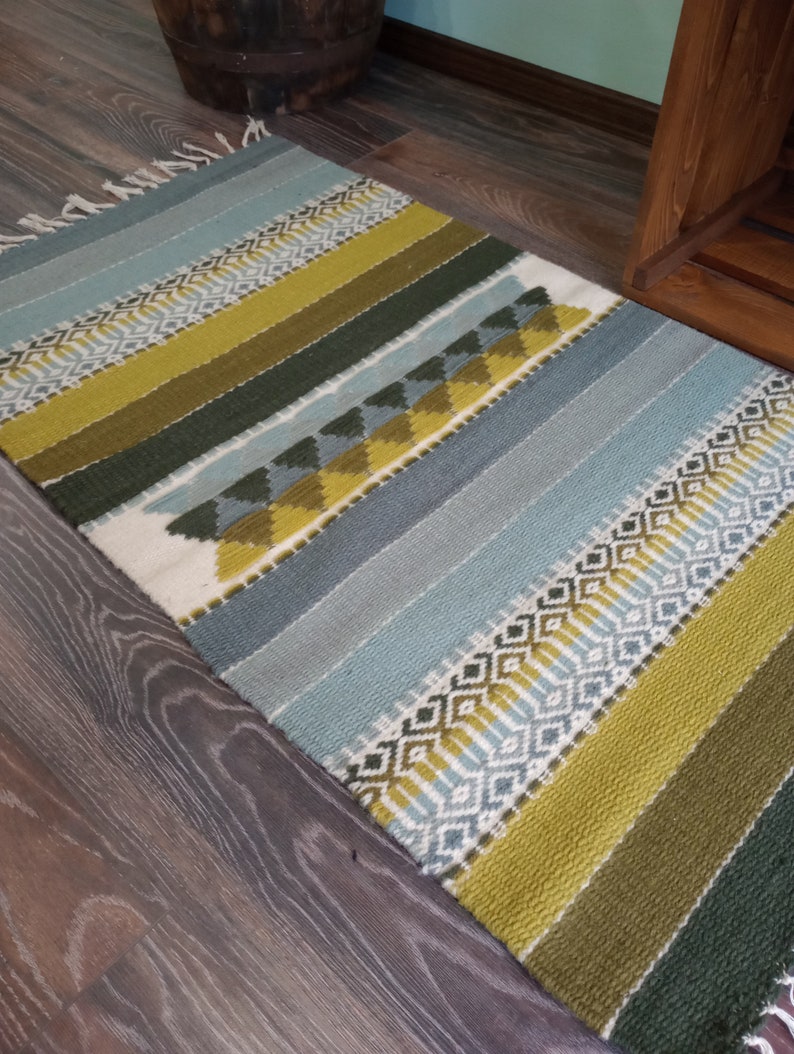 Hand woven wool kilim rug in grey and green tabac colors for your home decor, unique handmade area rug, striped grey and green rug image 3