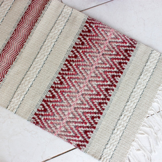 Handwoven wool rug in white red and rose colors handmade Etsy