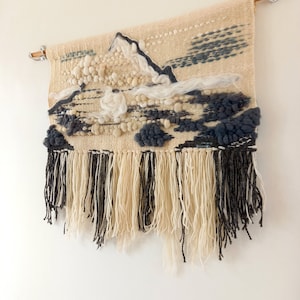 Handwoven wall hanging K2 The Savage Mountain, wall tapestry with fringes made of wool and wool roving in grey and white colors image 8