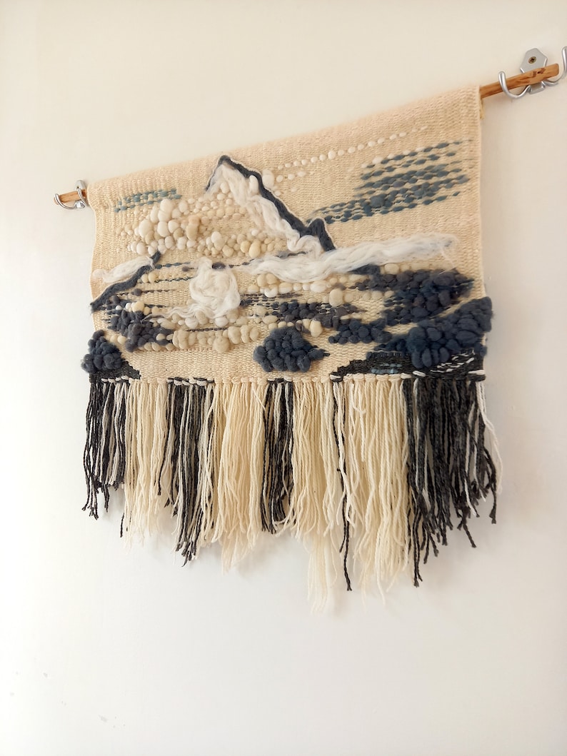 Handwoven wall hanging K2 The Savage Mountain, wall tapestry with fringes made of wool and wool roving in grey and white colors image 8