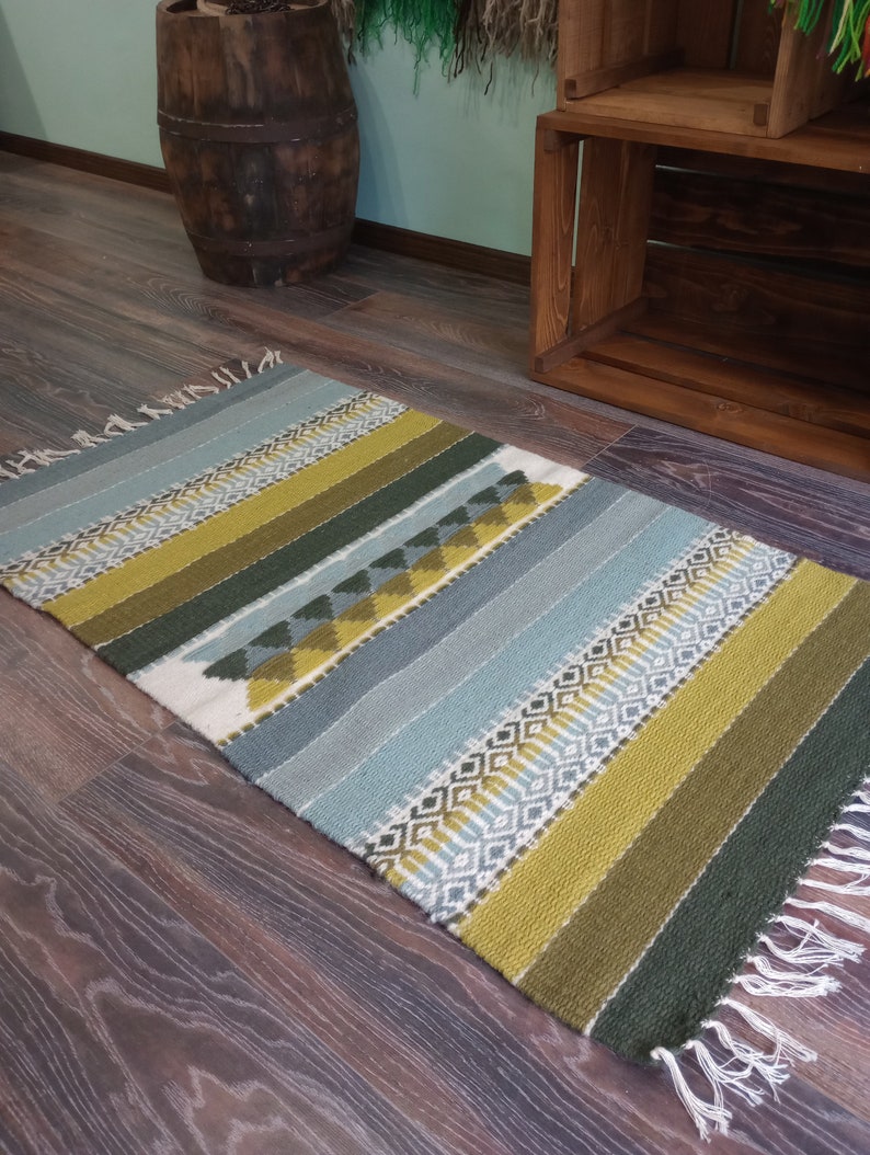 Hand woven wool kilim rug in grey and green tabac colors for your home decor, unique handmade area rug, striped grey and green rug image 10