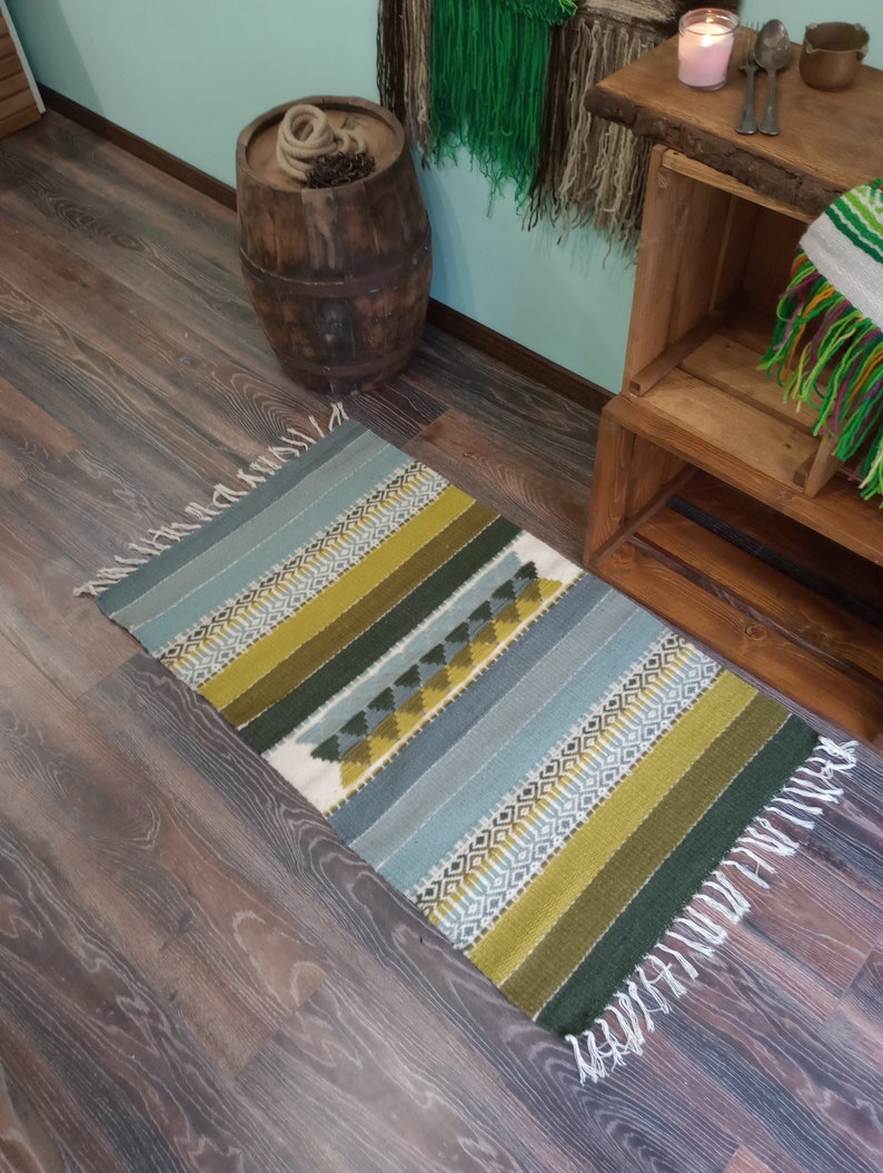 Hand woven wool kilim rug in grey and green tabac colors for your home decor, unique handmade area rug, striped grey and green rug image 1