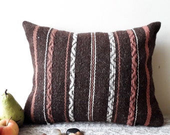 Handwoven wool cushion in dark brown, pink and white  - unique boho pillow cover for your home decor by Rugs N' Bags