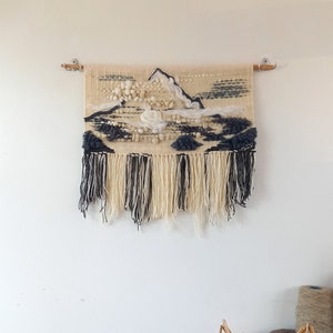 Handwoven wall hanging K2 The Savage Mountain, wall tapestry with fringes made of wool and wool roving in grey and white colors image 6