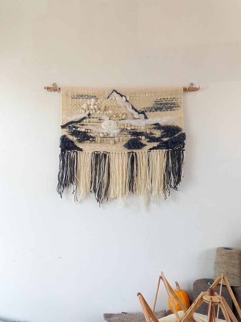 Handwoven wall hanging K2 The Savage Mountain, wall tapestry with fringes made of wool and wool roving in grey and white colors image 6