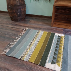 Hand woven wool kilim rug in grey and green tabac colors for your home decor, unique handmade area rug, striped grey and green rug image 9
