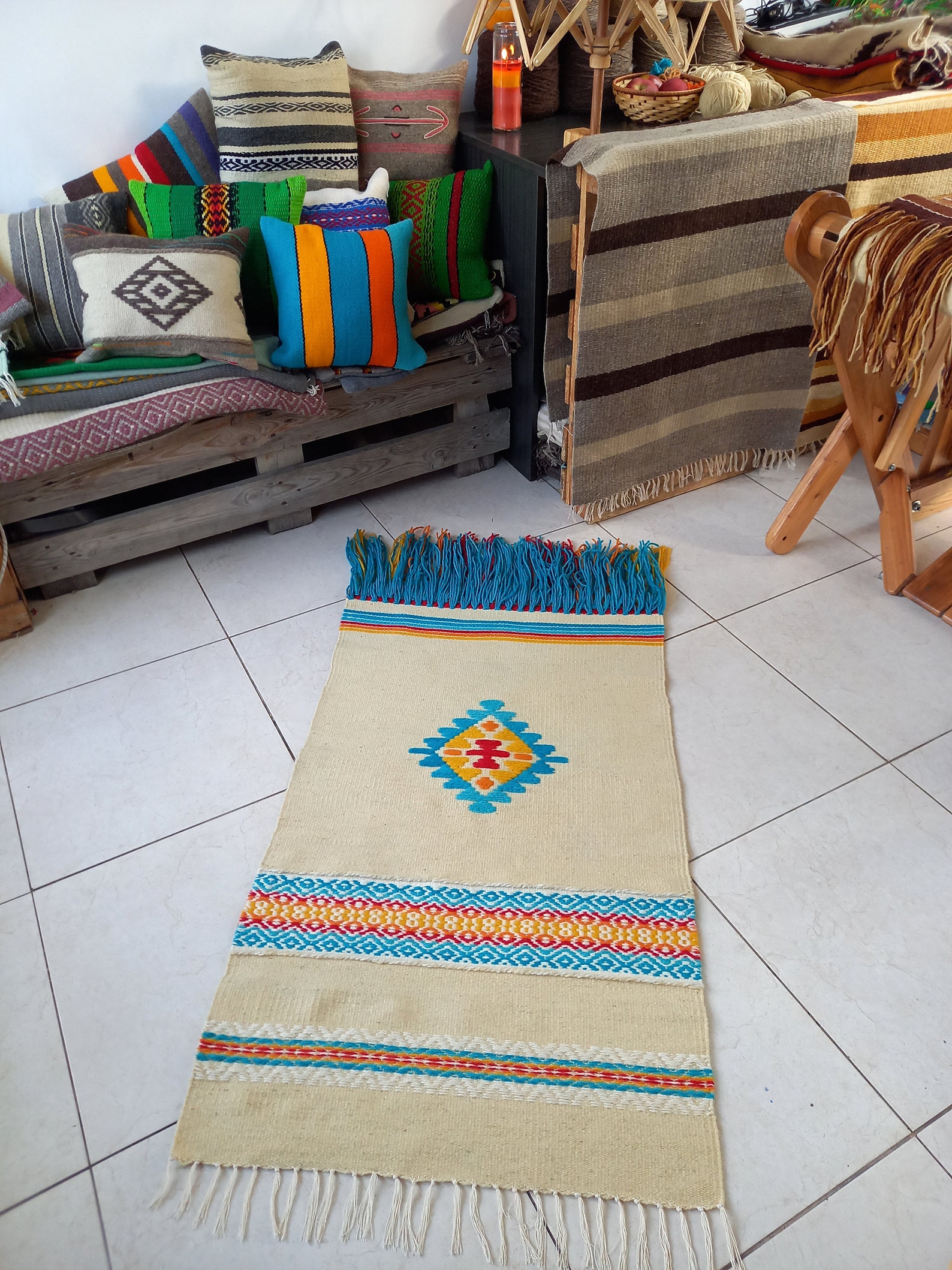 White Blue Woven Rug White and Blue Turquoise Rug Runner Etsy