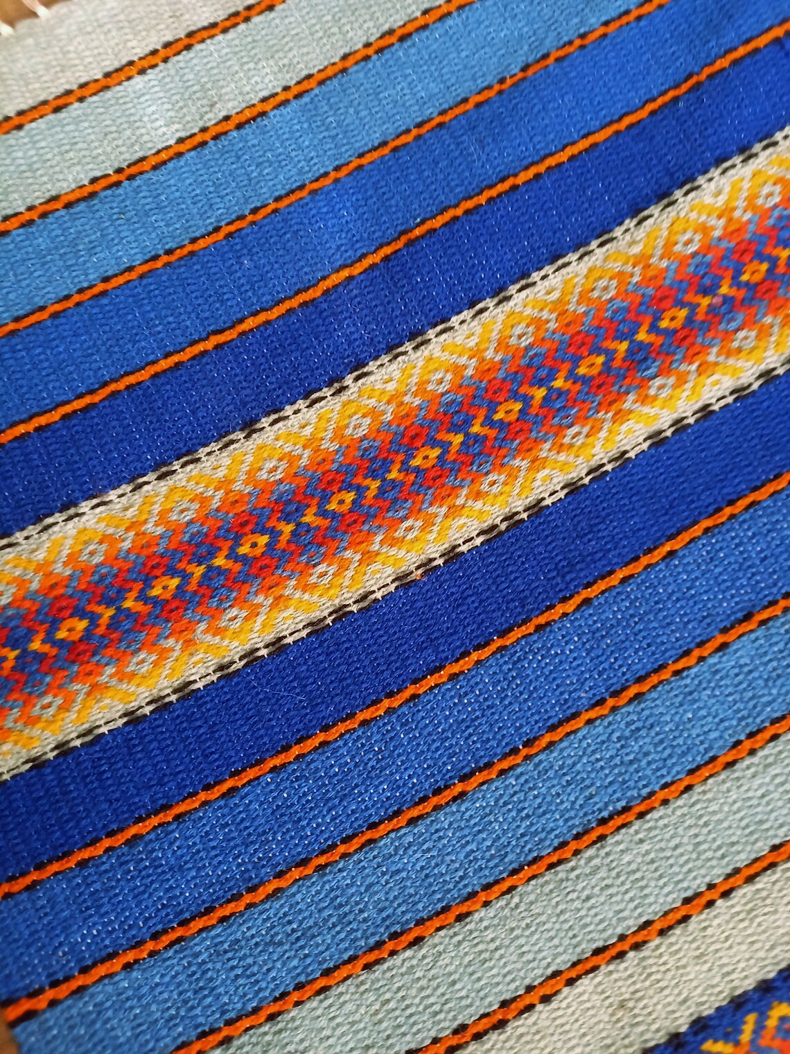Blue Striped Rug With Yellow Orange and Red Motifs 5 Shades Etsy
