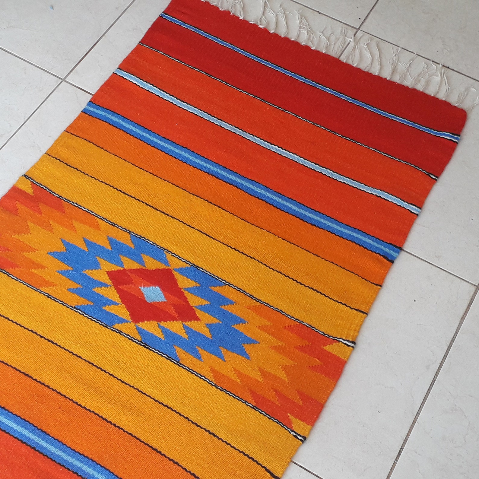 Handwoven Area Rug in Red Orange Yellow and Blue Farmhouse Etsy
