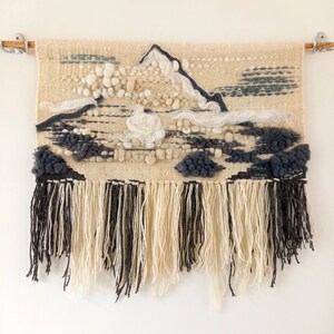 Handwoven wall hanging K2 The Savage Mountain, wall tapestry with fringes made of wool and wool roving in grey and white colors image 2